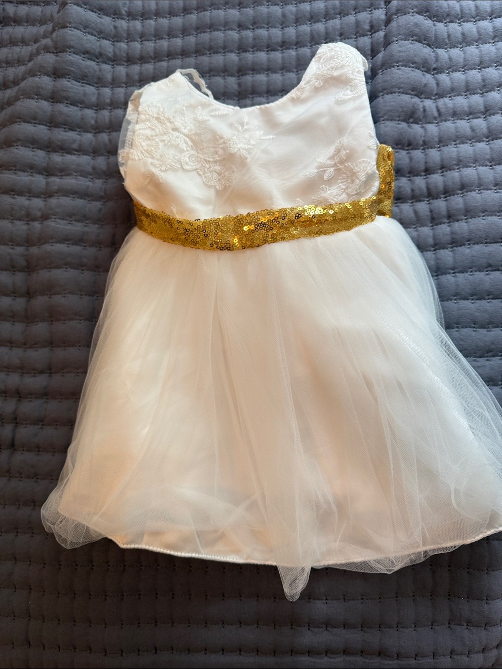 White Tulle Flower Girl Dress with Gold Sequin Waistband